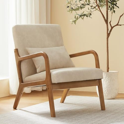 Achicsofar Accent Chair Mid Century Modern Armchair with Lumbar Support Pillow Wood Legs PU Leather Upholstered Lounge Chairs Comfy High Back Cushion for Living Room Bedroom