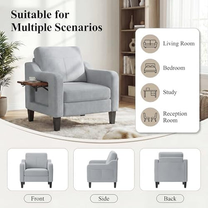 Accent Chair for Living Room, Mid-Century Upholstered Armchair with Foldable Table & 2 Side Pockets, Modern Linen Wooden Sofa Chair for Bedroom & Reading Room, Light Grey