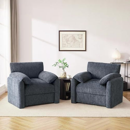 Howjoe Chenille Oversized Armchair, 38.6" Wide Accent Chairs for Living Room & Bedroom Modern Lounge Chair, Upholstered Mid-Century Reading Chair, Comfy Living Room Chair, Single Sofa Chair, Beige — Blue / 1 Pack (2)