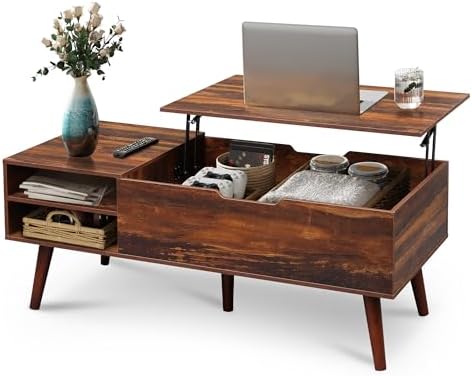 WLIVE Coffee Table with Lifting Top, Hidden Storage & Adjustable Shelf for Living Room Small Space, Multifunctional Rising Wooden Center Table, Mid Century Modern Tables for Home Dining Office, Brown