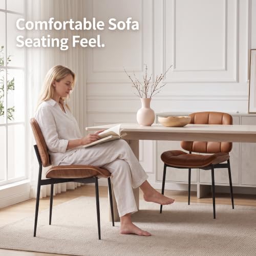 GrandNoor Mid Century Modern Dining Chairs with Walnut Grain Back, Brown Faux Leather Dining Room Chairs Set of 2, Checkered Soft Cushion Kitchen Chairs with Adjustable Foot Pads