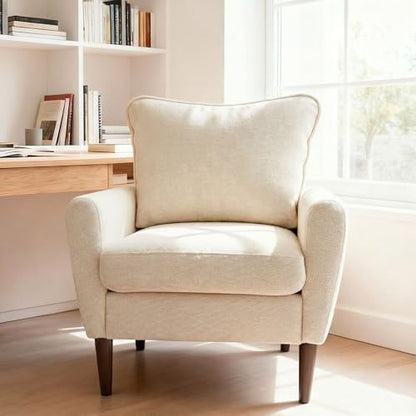 OLIXIS Comfy Accent Chair for Living Room Bedroom and Waiting Room, Upholstered Mid-Century Reading Chair with Pillow and Solid Wood Legs, Wide Singe Modern Lounge Sofa, Gray — Ivory White / 2 (2)