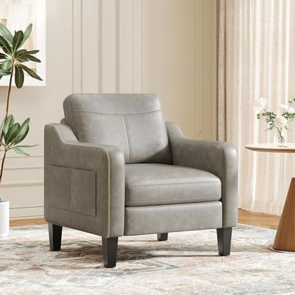 MALOL PU Leather Accent Chair, Mid-Century Modern Living Room Armchair Sofa with Removable Cushions, Solid Wood Frame & Stitched Armrest Design, Bedroom Chair with Plastic Legs, Chocolate Brown
