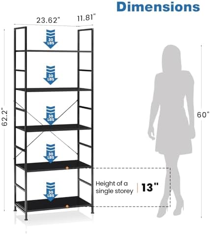DUMOS 5 Tiers Open Bookshelf, Classic Freestanding Tall Display Shelf | Multifunctional Storage Organizer Rack for Living Room Home Office, Sturdy Bookcase for CDs/Books/Movies, Modern Black