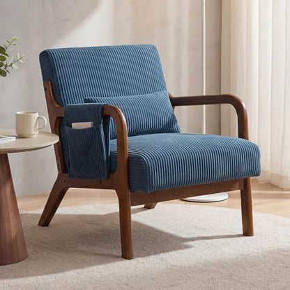 DUMOS Mid Century Modern Accent Chair, Upholstered Armchair with Lumbar Pillow and Solid Wood Frame, Comfy Reading Chair for Small Living Room, Bedroom, Guest Room, Navy Blue — Navy Blue / 1 PC (9)