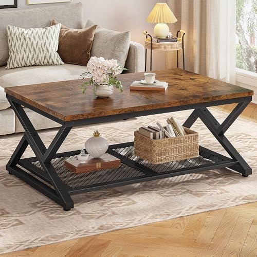 EnHomee Coffee Table with Storage & Shelf for Living Room, Rustic Brown | Families, Wood & Metal, Holds Magazines & Drinks, Industrial Design