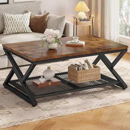EnHomee Coffee Table with Storage & Shelf for Living Room, Rustic Brown | Families, Wood & Metal, Holds Magazines & Drinks, Industrial Design