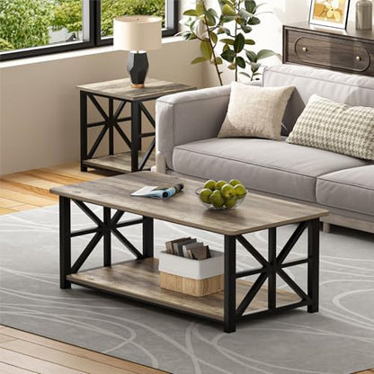 GreenForest Round Corners Coffee Table for Living Room | Rustic Style Center Table with Storage Shelf,39 Inch Space Saving Sofa Table,Easy Assembly,Gray Wash