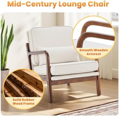 DUMOS Mid Century Modern Accent Chair, Armchair with Lumbar Pillow and Waist Cushion, Solid Wood Frame Lounge Chair for Living Room, Bedroom, Reading Nook, Small Apartment Corner, Ivory White