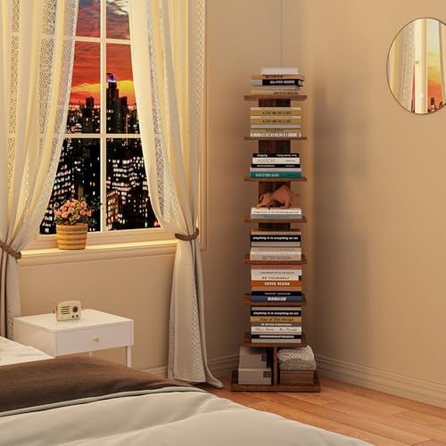 TUTOTAK Book Shelf, Narrow Spine Bookshelf, 8-Tier Bookcase for Small Space | 10.4 x 13.4 x 47.5 Inches Vertical Freestanding Corner Shelf for Living Room, Office, Study, Entryway, Brown BS06BB008