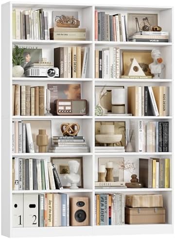 FACBOTALL Bookshelf and Bookcase, 6-Tier Double Wide Bookshelves,Freestanding Display Storage Shelves, Tall Bookcases for Home Decor Bedroom, Living Room, Home Office, Light Oak — White (2)