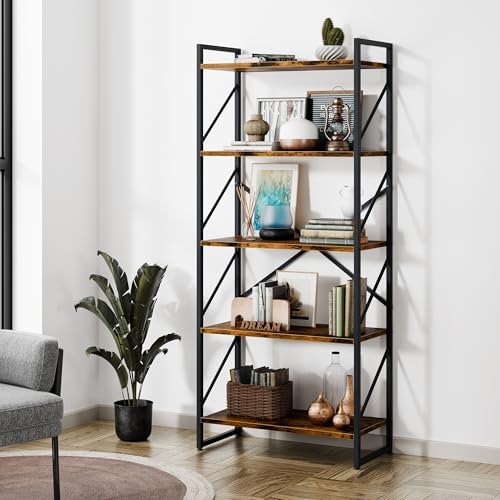 Shintenchi 5 Tiers Bookshelf, Classically Tall Bookcase Shelf, Industrial Book Rack, Modern Book Holder in Bedroom/Living Room/Home/Office, Storage Rack Shelves for Books/Movies-Rustic Brown — Rustic Brown (10)