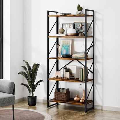 Shintenchi 5 Tiers Bookshelf, Classically Tall Bookcase Shelf, Industrial Book Rack, Modern Book Holder in Bedroom/Living Room/Home/Office, Storage Rack Shelves for Books/Movies-Rustic Brown — Rustic Brown (10)