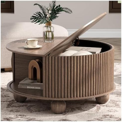 JOINICE 31.5" Round Coffee Table with Storage for Living Room, Walnut | Hidden Storage,Fluted Sliding Door,Mid Century Furniture for Small Apartments,Solid Wood Legs,Easy Assembly,Up to 110 lbs — Walnut_round (Bun Feet) (2)