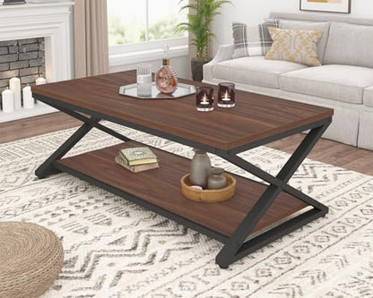 HSH Wood Coffee Table with Storage, Farmhouse Rustic Brown Coffee Table for Living Room, Modern Minimalist 2 Tier Center Table, Simple Rectangle Cocktail Tea Table in Home Office Bedroom, 39 Inch