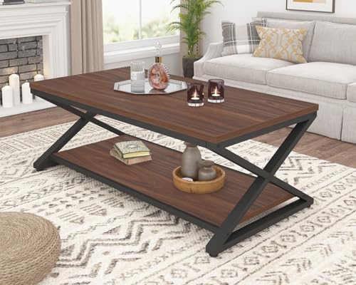 HSH Rustic Farmhouse Coffee Table, Modern Minimalist Wood and Metal Living Room Table, 2 Tie Rectangle Center Table with Storage & Display Shelf, Simple Office Cocktail Tea Table, Rustic Oak, 39 Inch