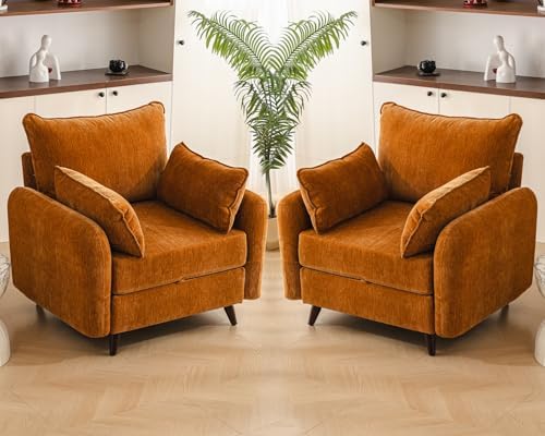 Rexulqo Oversized Accent Chair with All Seats Storage,Comfy Living Room Chairs with 2 Throw Pillow,Upholstered Mid-Century Armchair,24.5'' Deep Seat,Reading Chair for Bedroom,Office,Chenille,Orange