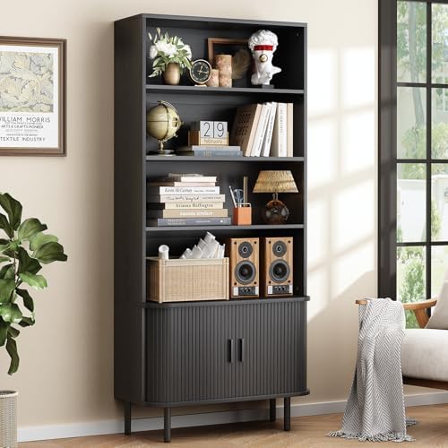 ONBRILL 71" Tall Bookshelf, 4-Tier Bookcase with Storage Cabinet & Adjustable Storage Shelf, Freestanding Wood Bookshelf with Sliding Door and Adjustable Footpad, for Home Office, Living Room, Walnut — Black (2)