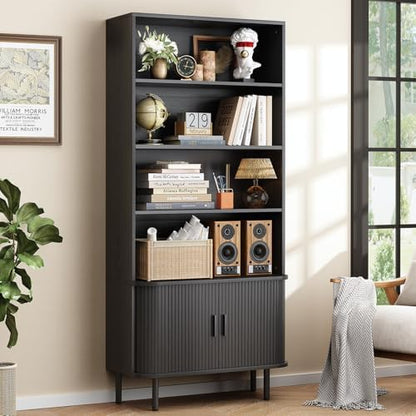 ONBRILL 71" Tall Bookshelf, 4-Tier Bookcase with Storage Cabinet & Adjustable Storage Shelf, Freestanding Wood Bookshelf with Sliding Door and Adjustable Footpad, for Home Office, Living Room, Walnut — Black (2)