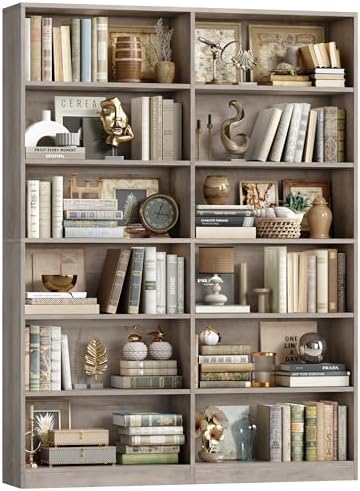 FACBOTALL Bookshelf and Bookcase, 6-Tier Double Wide Bookshelves,Freestanding Display Storage Shelves, Tall Bookcases for Home Decor Bedroom, Living Room, Home Office, Light Oak — Wash Gray (2)