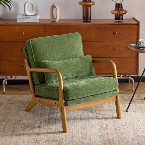 Karl home Mid-Century Modern Accent Reading Chair, Beige | Linen Upholstered, Solid Wood Frame, Soft Cushion, Lumbar Pillow, Lounge Armchair for Living Room, Bedroom, Balcony, Study — Chenille Olive Green (2)