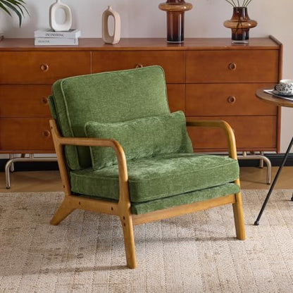 Karl home Mid-Century Modern Accent Reading Chair, Beige | Linen Upholstered, Solid Wood Frame, Soft Cushion, Lumbar Pillow, Lounge Armchair for Living Room, Bedroom, Balcony, Study — Chenille Olive Green (2)
