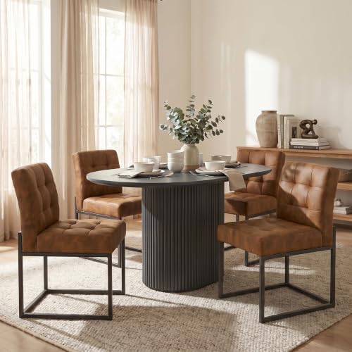 GrandNoor Coffee Faux Leather Dining Chairs Set of 4, Mid-Century Modern Dining Room Chairs with Armless, Checkered Kitchen Chair with Metal Legs