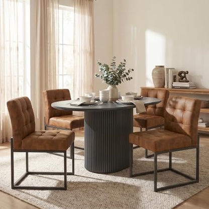 GrandNoor Coffee Faux Leather Dining Chairs Set of 4, Mid-Century Modern Dining Room Chairs with Armless, Checkered Kitchen Chair with Metal Legs