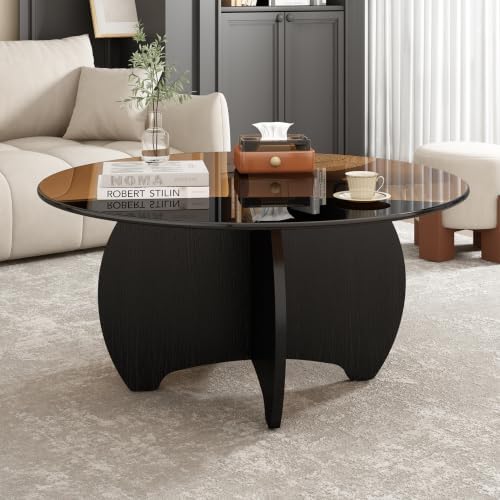 31.5'' Round Coffee Table with Tempered Glass Top, Modern Center Table for Small Spaces - Sturdy Black Board Frame, Simple Design for Living Room, Home, Office - Easy Assembly.