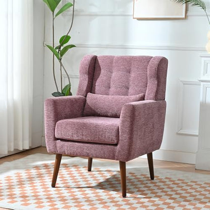 Accent Chair, Comfy Upholstered Living Room Chairs with High Tufted Backrest and Pillow, Wingback Reading Chair with Solid Wood Legs for Bedroom/Office,Teddy Fabric, Light Green — Set of 1 / Purple (2)