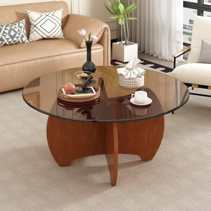 31.5'' Round Coffee Table with Tempered Glass Top, Modern Center Table for Small Spaces - Sturdy Black Board Frame, Simple Design for Living Room, Home, Office - Easy Assembly. — Brown (2)