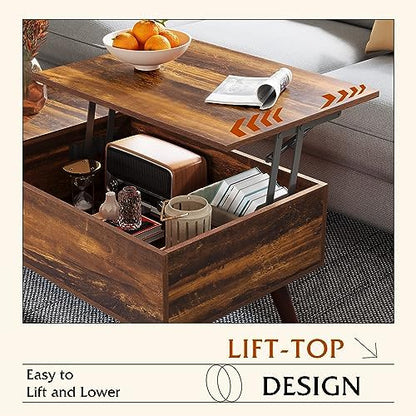 WLIVE Coffee Table with Lifting Top, Hidden Storage & Adjustable Shelf for Living Room Small Space, Multifunctional Rising Wooden Center Table, Mid Century Modern Tables for Home Dining Office, Brown