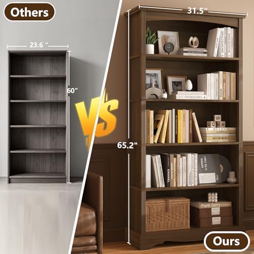 TVU 5-Tier Wooden Bookshelf, 31.5" W x 65" H ×9.9" D Bookshelf with Storage, Floor Standing Modern Style Display Bookcase for Living Room, Office, Study Room, Entryway, Brown