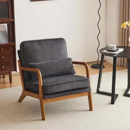 Karl home Mid-Century Modern Accent Reading Chair, Beige | Linen Upholstered, Solid Wood Frame, Soft Cushion, Lumbar Pillow, Lounge Armchair for Living Room, Bedroom, Balcony, Study — Corduroy Dark Gray (2)