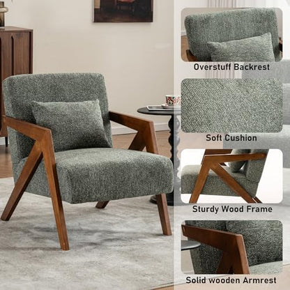 Mid-Century Modern Accent Chair with Solid Wood Frame，Upholstered Chenille Living Room Arm Chairs with Pillow for Bedroom, Living Room, Balcony, Reading Room, Green