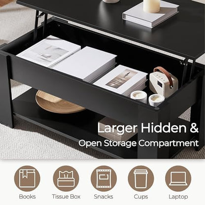 Yaheetech Wooden Coffee Table, Lift Top Coffee Table with Large Hidden Storage Shelf, Lift Tabletop Dining Tables for Living Room, Home Small Space, 38.6in, Black
