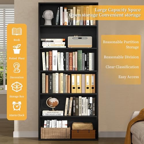 6-Tier Bookshelf, Modern Open Bookcase,6 Shelf Display Storage Shelves Floor Standing, 71 inches Tall Shelves for Home Office, Black