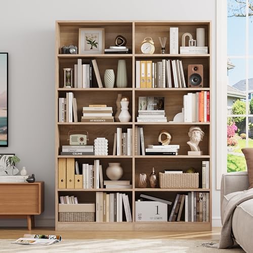 FACBOTALL Bookshelf and Bookcase, 6-Tier Double Wide Bookshelves,Freestanding Display Storage Shelves, Tall Bookcases for Home Decor Bedroom, Living Room, Home Office, Light Oak