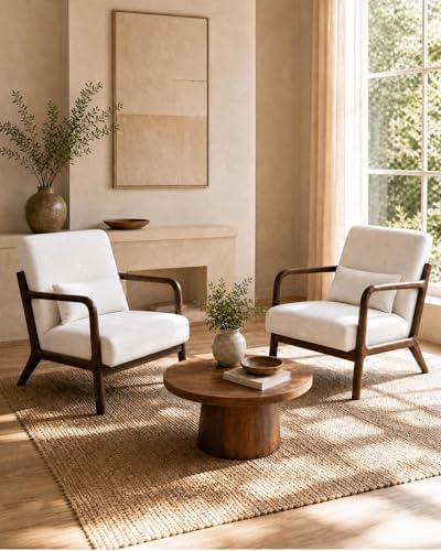 Garvee Mid-Century Chenille Accent Chair, Cozy Reading Chair, Modern Lounge Armchair with Lumbar Pillow, Solid Wood Frame, for Living Room, Bedroom, Office, Beige