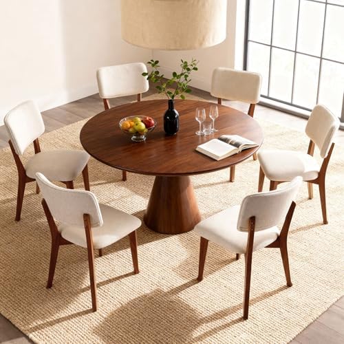Wooden Dining Chairs Set of 2, Mid Century Modern Kitchen Chairs with Fabric Upholstered and Curved Backrest for Dining Room, Restaurant/Cafe, Walnut