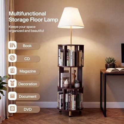Tribesigns 62.2'' Wood Bookcase with Light, 4 Tier Bookshelf Floor Lamp | Modern Freestanding Storage Shelf with Linen Fabric Shade, Corner Bookcase with Reading Light for Living Room, Bedroom