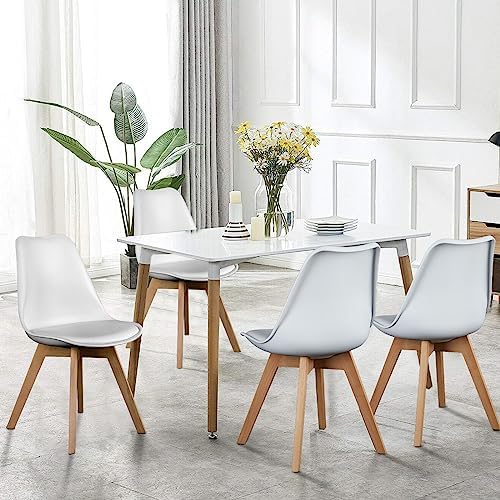OLIXIS Dining Chairs Set of 4, Mid Century Modern Accent Chairs with Curved Backrest and Wood Legs, PU Leather Upholstered Kitchen Side Chair for Living Room, Bedroom, Outdoor Patio, White
