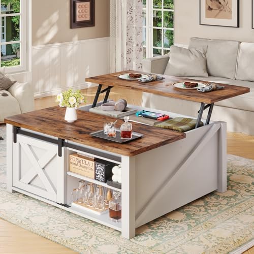 SEDETA 31.5" Lift Top Coffee Table with Storage, Square Coffee Tables for Living Room, Farmhouse Coffee Table with Large Hidden Storage Compartment and Adjustable Shelves, Black — White (2)