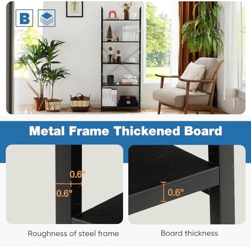 DUMOS 5 Tiers Open Bookshelf, Classic Freestanding Tall Display Shelf | Multifunctional Storage Organizer Rack for Living Room Home Office, Sturdy Bookcase for CDs/Books/Movies, Modern Black