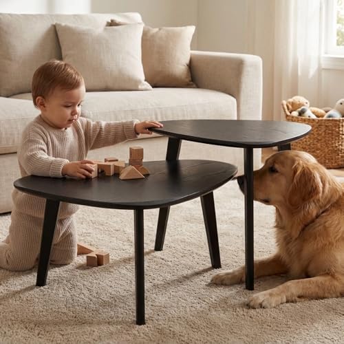 Nesting Coffee Table Set of 2-Mid Century Modern Coffee Table | Guitar Pick Stacking Tables with Solid Wood Legs,Small Coffee Tables for Small spaces,Living Room,Balcony