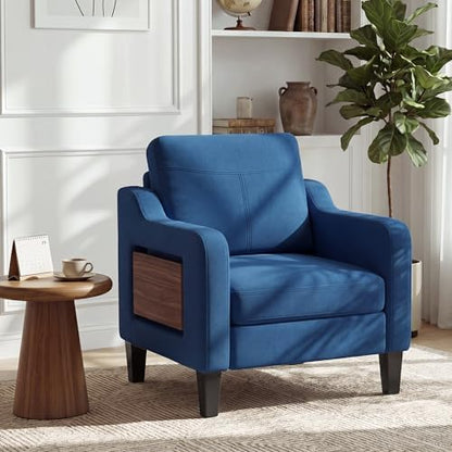 Accent Chair for Living Room, Mid-Century Upholstered Armchair with Foldable Table & 2 Side Pockets, Modern Linen Wooden Sofa Chair for Bedroom & Reading Room, Light Grey