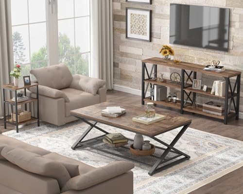 LVB Coffee Table for Living Room, 2 Tier Tea Table, 47 inch, Rustic Brown | Industrial Metal Wood Coffee Table with Storage, Farmhouse Wooden Rectangle Center Table with Mesh Shelf for Office Bedroom