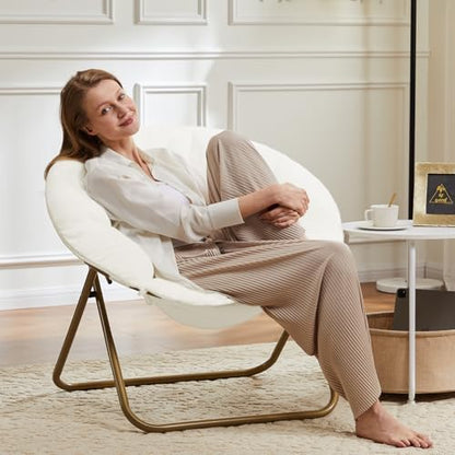 DUMOS Comfy Saucer Chair, Faux Fur Lounge Seasting XL Circle Chair for Bedroom, Dorm & Gaming, Foldable Fashion Accent Seat for Small Spaces, Folding Moon/Mushroom/Round Oversized Style,White