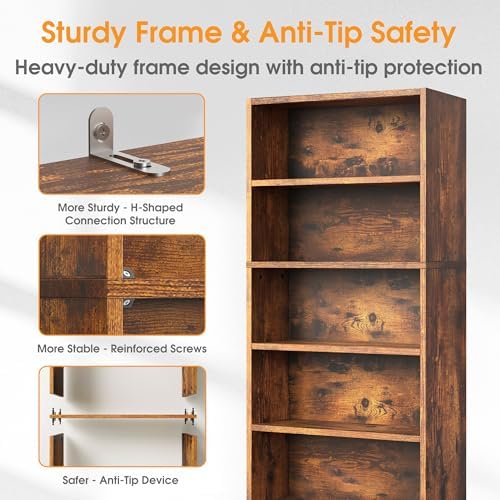 Sweetcrispy 5 Shelf Bookcase Open Display Bookshelf Storage Organizer | 53 Inches Tall Book Shelf Floor Standing Corner Unit, Living Room, Home Office, Kitchen, Bedroom, Rustic Brown Wood