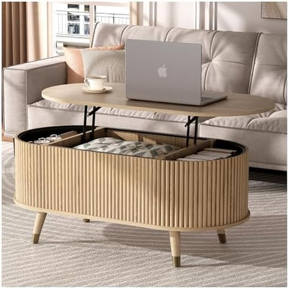 JOINICE 31.5" Round Coffee Table with Storage for Living Room, Walnut | Hidden Storage,Fluted Sliding Door,Mid Century Furniture for Small Apartments,Solid Wood Legs,Easy Assembly,Up to 110 lbs — Oak_oval (2)